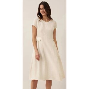 Women’s 100% Natural Linen Cream Cottagecore Lagenlook Lintico V Neck Dress Size